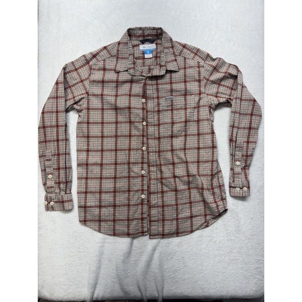 Columbia Mens Plaid Long Sleeve Button Down Shirt Medium Rust Red Tan Outdoor